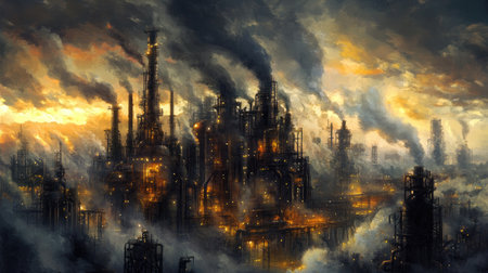 A dramatic industrial cityscape showcases a skyline filled with factories and smokestacks, emitting plumes of smoke against a colorful dusk. The scene captures the complex interplay between industry and the natural environment, highlighting energy production and pollution.の素材