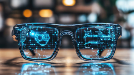 This image showcases futuristic smart glasses featuring a glowing digital data overlay, symbolizing the intersection of technology and daily life.の素材