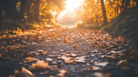 A scenic pathway covered with vibrant autumn leaves, lit by warm sunlight filtering through the trees. A perfect representation of nature's beauty.の素材