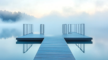 A tranquil scene featuring a wooden dock extending over a misty lake at dawn, capturing reflections and creating a serene atmosphere perfect for relaxation.の素材