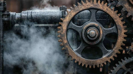 This image showcases a detailed view of a rusty industrial gear mechanism, with steam swirling around in a vintage setting, highlighting the beauty of machinery.の素材