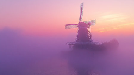 A tranquil scene featuring a windmill surrounded by mist during a stunning sunrise. Soft purple and pink hues create a peaceful atmosphere, perfect for evoking calm.の素材