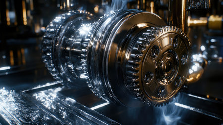 A striking close-up of interlocking mechanical gears featuring a metallic shine and steam effects, capturing the essence of industrial technology and engineering.の素材