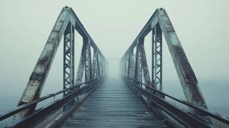 A captivating image of a rusty metal bridge disappearing into a thick fog, creating a tranquil and eerie atmosphere. Perfect for themes of adventure, exploration, and solitude.の素材