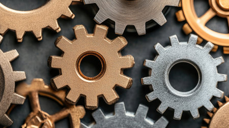 A detailed close-up image featuring an assortment of metallic gears in gold, bronze, and silver finishes. Ideal for industrial themes.の素材