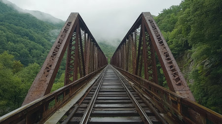 Capture the enchanting beauty of an old rusty railroad bridge stretching into foggy green hills. This serene landscape invites exploration and adventure.の素材