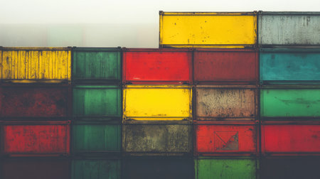 A captivating image showcasing a stack of colorful shipping containers in an industrial setting, highlighting their weathered textures and urban charm.の素材