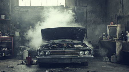 A vintage car with its hood raised releases smoke in a dimly lit garage, surrounded by tools and an industrial atmosphere, capturing a moment of repair.の素材