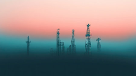 This image features communication towers standing tall against a serene pastel sky during sunrise, creating a tranquil and atmospheric scene.の素材
