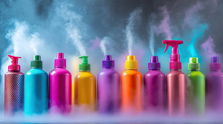 A striking arrangement of colorful bottles emitting steam and fog creates a playful and vibrant atmosphere, ideal for showcasing beauty or cleaning products.の素材