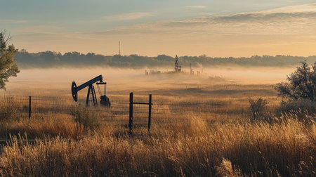A stunning sunrise illuminates an oil pump jack silhouetted against a misty landscape. The serene field, filled with vibrant grass, captures the essence of rural energy production.の素材