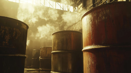 A captivating scene featuring rusty barrels in a dimly lit industrial warehouse. Steam rises from the ground, creating a moody and atmospheric environment.の素材