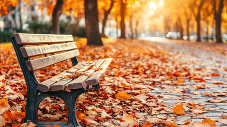 A peaceful autumn park scene featuring an empty wooden bench surrounded by vibrant fallen leaves. The warm sunlight filters through trees, creating a serene atmosphere.の素材