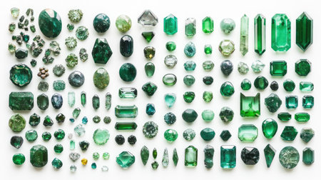 A stunning collection of assorted green gems and crystals displayed in various cuts and shapes, perfect for jewelry design and artistic projects.の素材