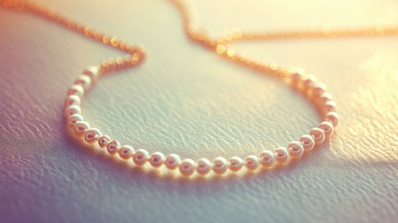 This stunning close-up captures an elegant pearl necklace set against a soft surface, with beautiful light bokeh creating a luxurious atmosphere.の素材