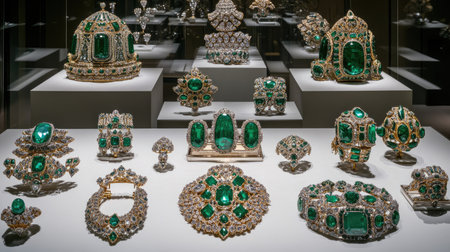 This stunning display showcases an exquisite collection of emerald and diamond jewelry, highlighting the intricate craftsmanship and luxurious design.の素材