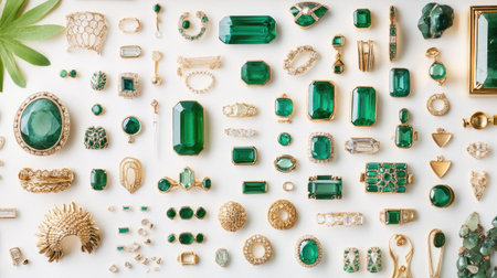 A stunning arrangement of exquisite green gemstone jewelry and accessories showcased on a clean white background, perfect for fashion and jewelry enthusiasts.の素材