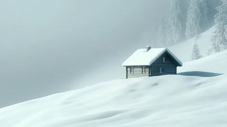 A breathtaking view of a solitary wooden cabin nestled in a vast expanse of white snow, set against a foggy winter backdrop. Ideal for capturing serenity.の素材
