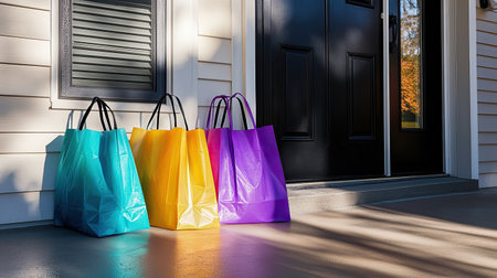 A vibrant display of colorful shopping bags sits on a porch, casting soft shadows as sunlight filters through trees, creating a welcoming and lively atmosphere.の素材