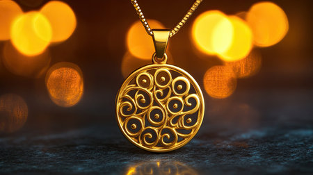 This stunning gold pendant features an intricate swirling design, beautifully highlighted against a soft bokeh background, perfect for showcasing luxury jewelry.の素材