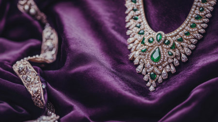 A stunning green stone necklace and bracelet elegantly placed on a luxurious purple silk background, showcasing intricate details and craftsmanship.の素材