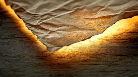 Close-up of a crumpled paper edge illuminated by warm light, creating a striking contrast against a textured surface. Ideal for various creative projects.の素材
