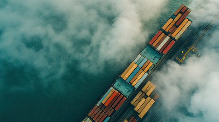 This stunning aerial image showcases a cargo ship surrounded by fog on tranquil waters, featuring an array of colorful shipping containers. The scene captures the essence of maritime logistics and trade.の素材