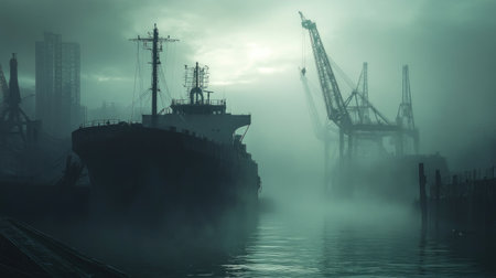 This captivating image features a foggy harbor scene, showcasing a ship silhouetted against industrial cranes, evoking a sense of mystery and solitude.の素材