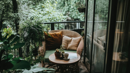This serene balcony features rattan furniture and decorative plants, creating a cozy retreat surrounded by lush greenery and perfect for relaxation.の素材