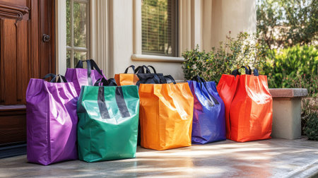 A vibrant display of reusable shopping bags in various colors sits on a porch, surrounded by greenery. This image captures eco-friendly shopping solutions and casual outdoor living.の素材