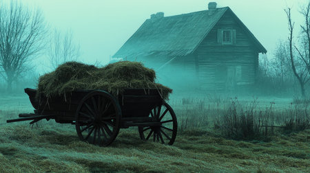 This atmospheric image features a vintage farmhouse enveloped in mist, complemented by a rustic wooden cart filled with hay. The tranquil rural setting evokes a sense of nostalgia and peace, perfect for illustrating themes of nature, solitude, and country life.の素材