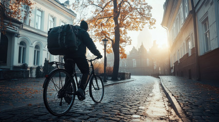 A cyclist rides through a serene, foggy street lined with autumn leaves and historic buildings, capturing the beauty of a quiet morning journey.の素材