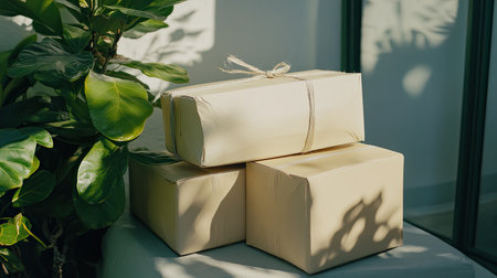 A serene indoor atmosphere showcasing neatly wrapped packages resting beside a vibrant green plant. Soft sunlight filters through, creating gentle shadows.の素材