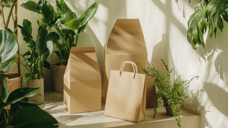 This image features a collection of stylish brown paper bags and boxes elegantly displayed among lush green plants. The modern interior setting highlights the natural light and creates a fresh ambiance, making this scene perfect for promotional purposes or design inspiration.の素材