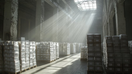 This atmospheric image captures an abandoned warehouse filled with stacked boxes, illuminated by dramatic sunlight streaming through tall windows, creating a haunting yet serene environment.の素材