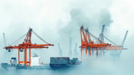 A striking view of industrial cranes operating over a cargo ship in a foggy port. This image captures the essence of maritime logistics and trade activities.の素材