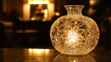 A beautifully crafted crystal vase showcases delicate floral patterns while casting a warm glow in a cozy interior, creating a serene ambiance.の素材