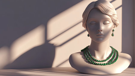 A stunning artistic display featuring green gemstone jewelry set on a minimalist bust, capturing the beauty of elegance and sophistication under soft lighting.の素材