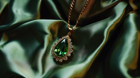 This striking image showcases an elegant green gemstone pendant necklace, beautifully displayed against a luxurious satin fabric backdrop. The intricate details and charming sparkle of the jewelry highlight its beauty and opulence, making it a perfect choice for fashion enthusiasts.の素材
