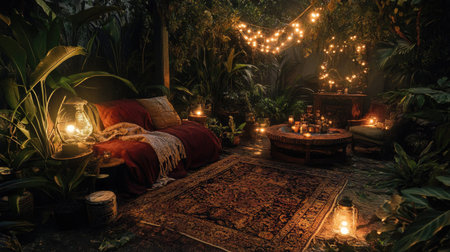 This cozy indoor space features warm lighting, lush plants, and comfortable seating, creating an inviting atmosphere perfect for relaxation and reflection.の素材