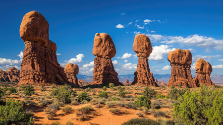 Stunning red rock formations rise majestically against a clear blue sky, with soft clouds creating a serene desert landscape filled with natural beauty.の素材