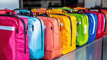 This vibrant image showcases a row of colorful backpacks, ideal for school or travel. The variety of colors highlights style, functionality, and youth appeal.の素材
