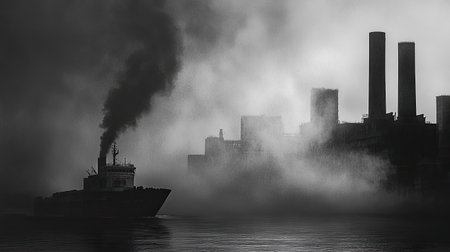 A striking black-and-white image of a ship navigating through thick fog, showcasing an industrial skyline with smoke stacks and mysterious atmospheres.の素材