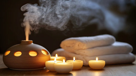 Create a serene spa experience at home with an elegant diffuser, glowing candles, and plush towels. Perfect for relaxation and self-care moments.の素材