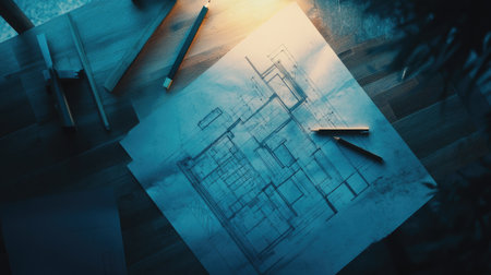 This image captures an architectural blueprint resting on a wooden desk, surrounded by sketching tools and illuminated by warm natural light, enhancing the creative atmosphere.の素材
