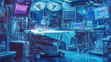 This image showcases a high-tech operating room filled with advanced medical equipment, monitors, and a sterile patient table, emphasizing modern healthcare.の素材