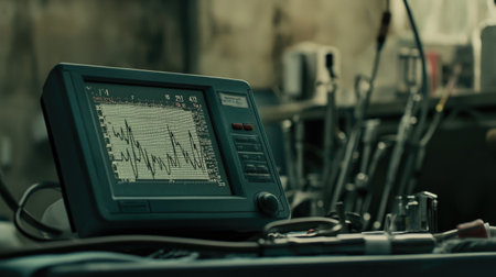 Close-up view of a vintage medical monitor showcasing waveform data, surrounded by industrial tools and equipment in a professional setting.の素材