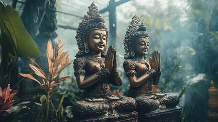 Explore the serene beauty of Buddhist statues, surrounded by lush greenery and a mystical atmosphere, creating a peaceful and tranquil space for reflection and meditation.の素材