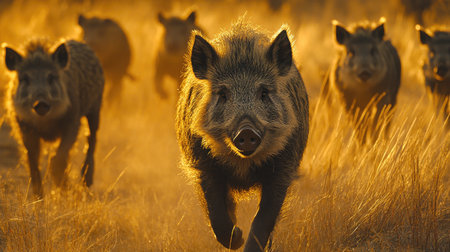 A stunning depiction of wild boars in motion across a sunlit grassland, showcasing their raw beauty and instinctive behavior in a natural setting.の素材