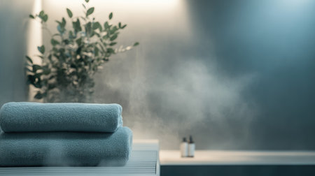 A calming spa scene featuring soft towels stacked neatly, with steam rising gently. Greenery enhances the serene environment, perfect for relaxation and self-care.の素材